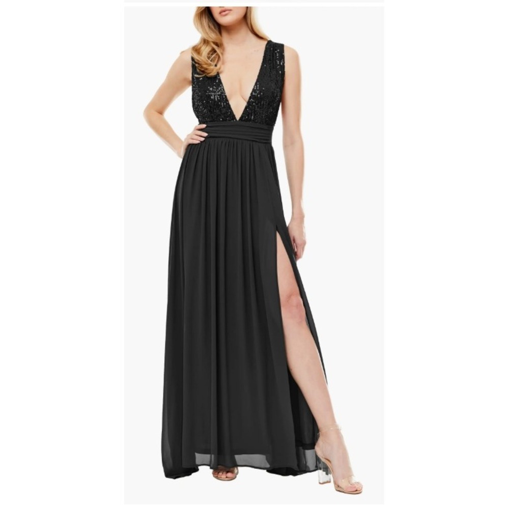 Love X Design Plunge Maxi Evening Gown Womens XS Black Sequin Formal Dress NWT